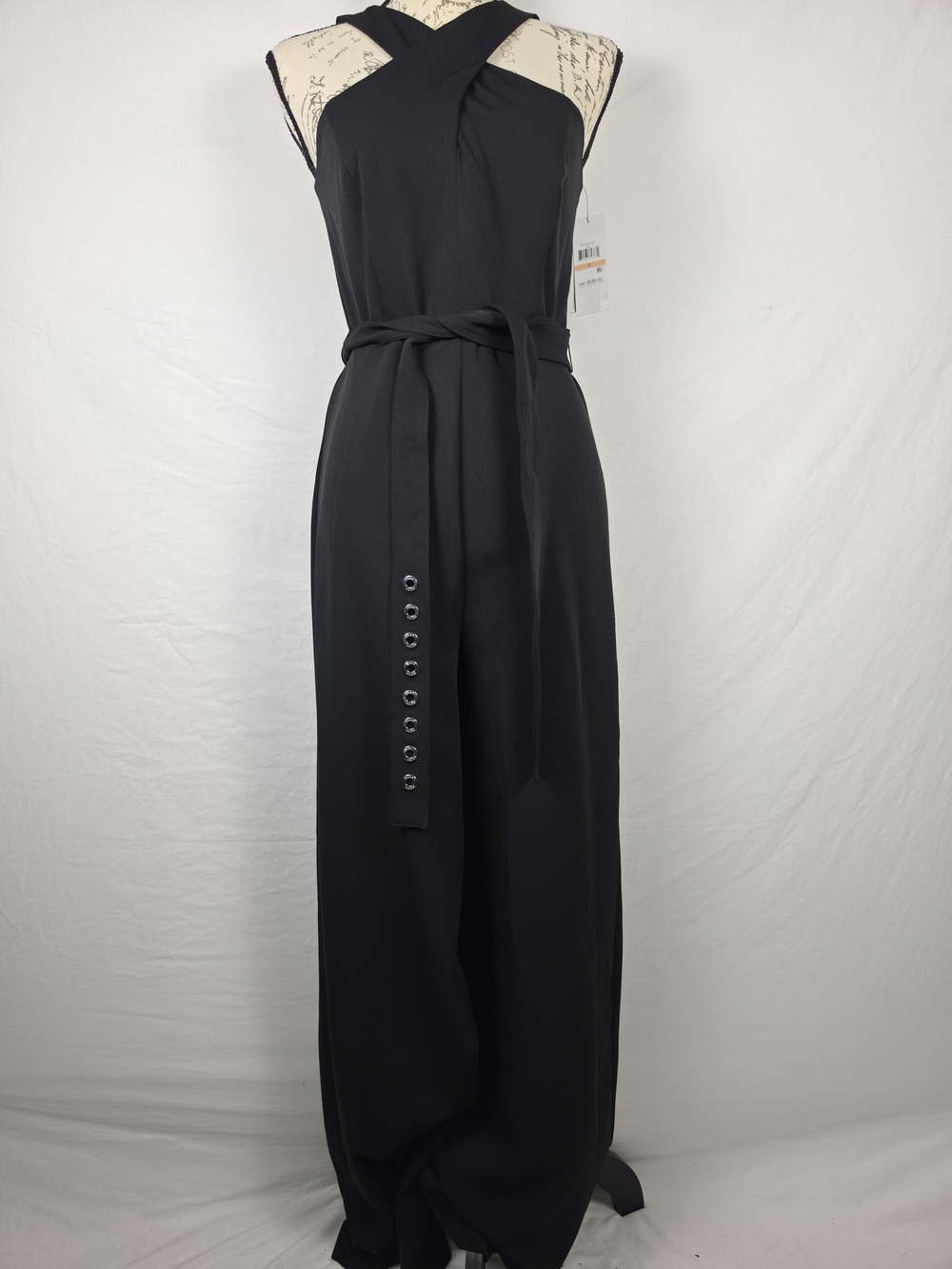 NWT DKNY Black Crisscross Halter Wide-Leg Jumpsuit with Grommet Belt - Size 2